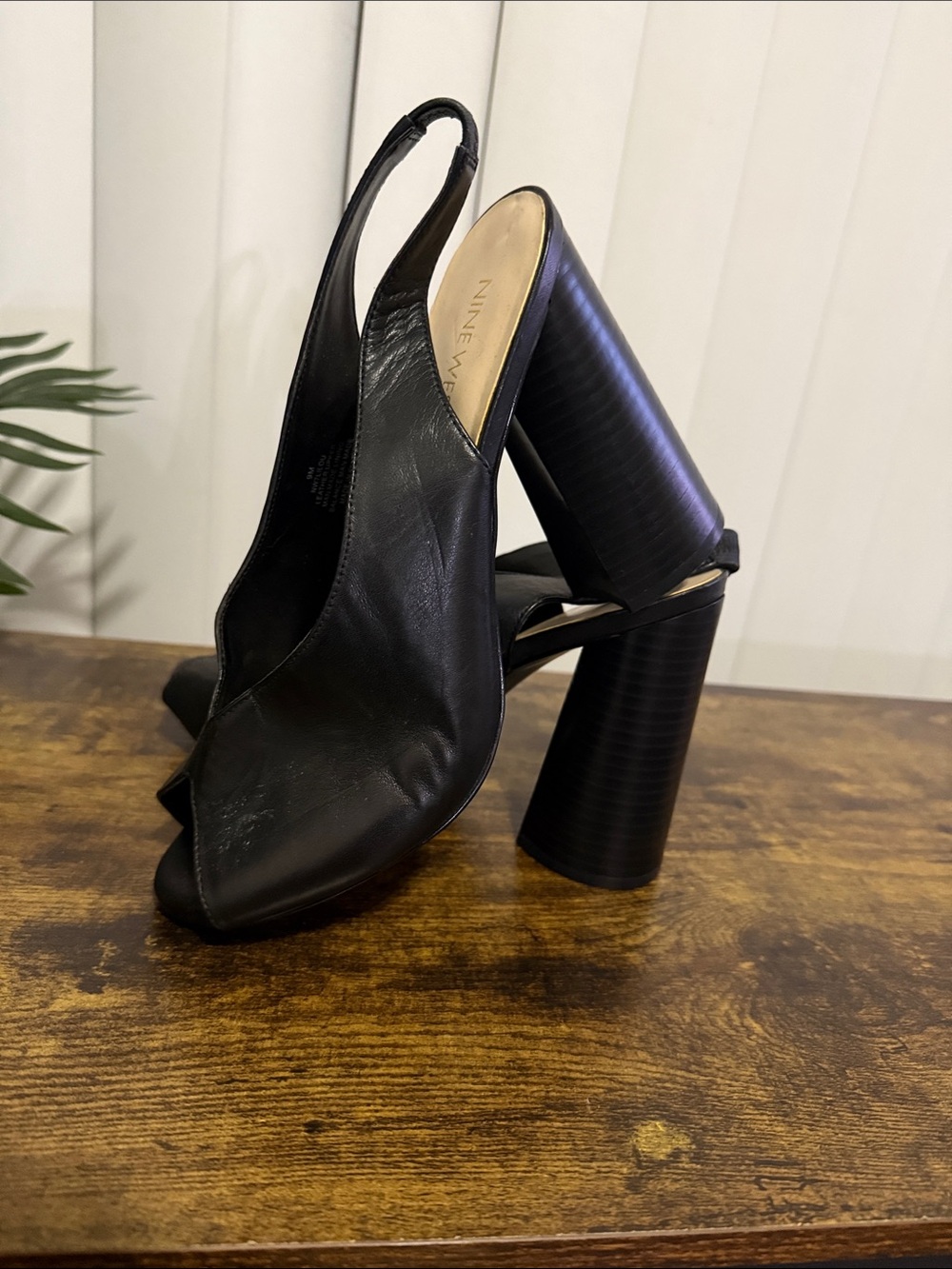 Nine West Black Leather Peep-Toe Slingback Block Heels